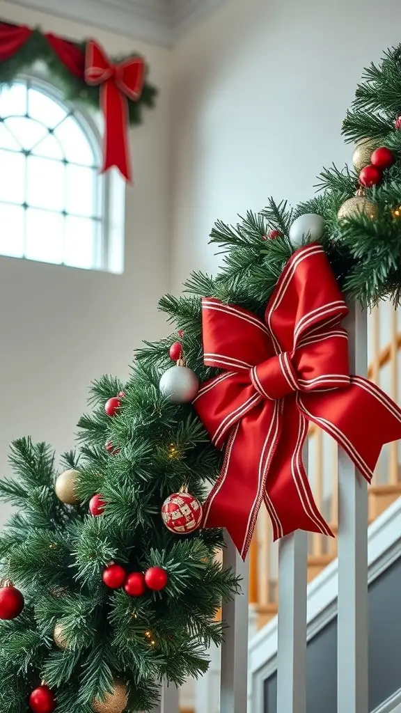 A decorative red bow on a Christmas garland