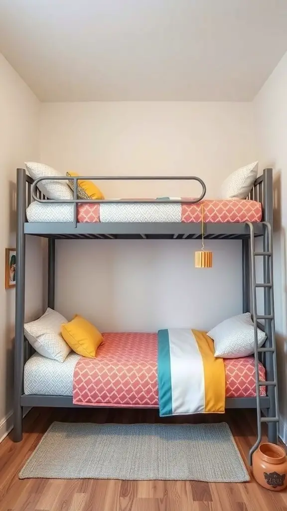 25+ Stylish Bedframe Ideas for Small Rooms 16 A modern bunk bed with colorful bedding in a small room