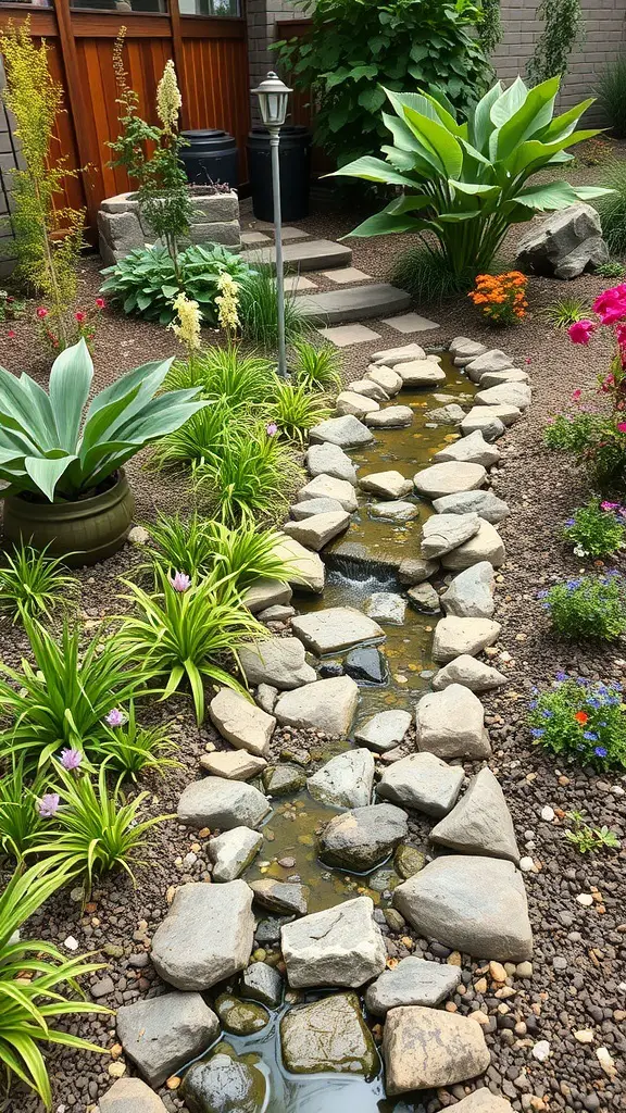 31+ Wild Garden Ideas to Transform Your Outdoor Space 9 A beautiful rain garden featuring a small stream lined with stones and surrounded by various plants and flowers.