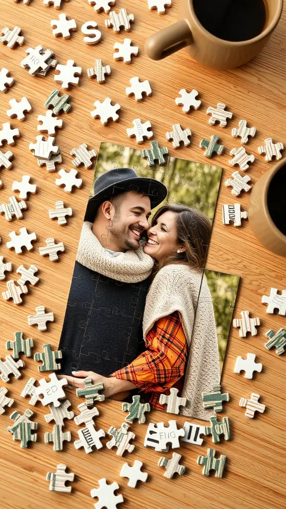 27 Thoughtful Engagement Gifts Your Friends Will Love 15 A personalized puzzle with a couple's photo, surrounded by puzzle pieces and coffee mugs.