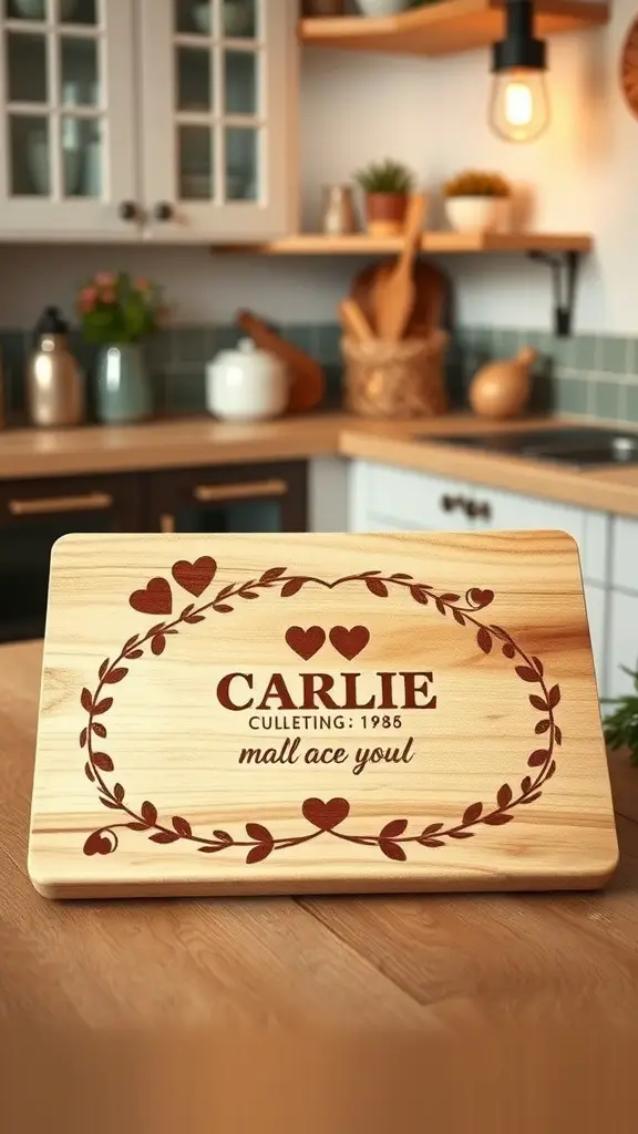 Personalized wooden cutting board with the name Carlie and decorative hearts