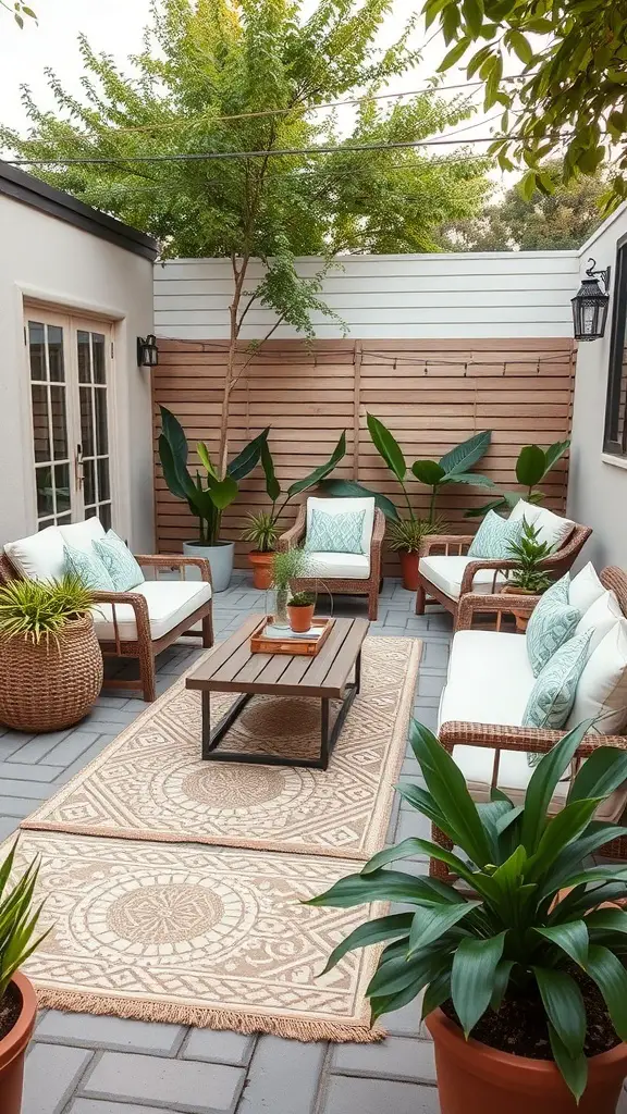 31+ Stunning Tufted Rug Designs You’ll Love 16 A cozy outdoor patio featuring a tufted rug, comfortable seating, and potted plants.