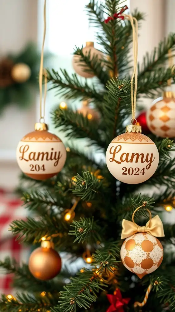 Personalized brown and white ornaments hanging on a Christmas tree