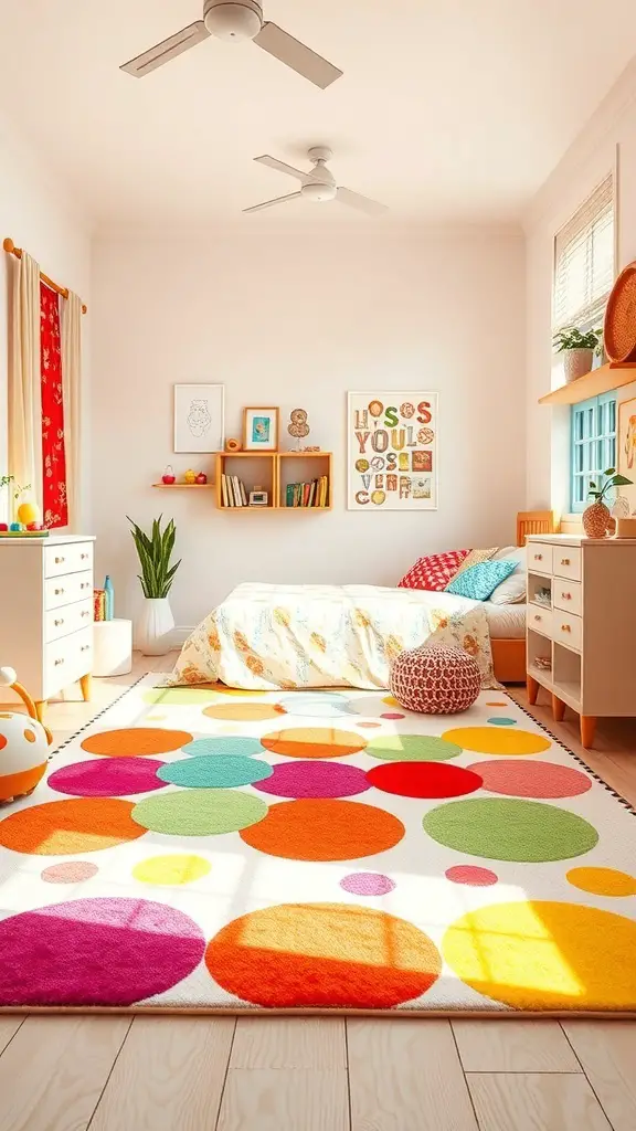 23+ Stunning Bedroom Rug Ideas to Transform Your Space 3 A colorful rug with various circles in bright colors, placed in a well-decorated bedroom.