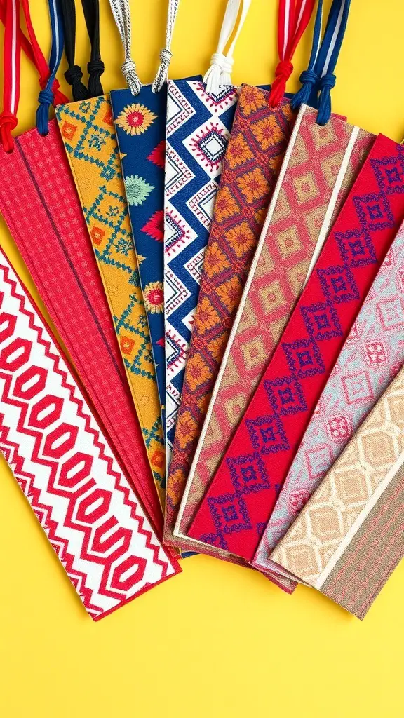 27+ Creative Fabric Bookmark Ideas to Elevate Your Reading Experience 4 A collection of colorful fabric bookmarks with geometric patterns on a yellow background.
