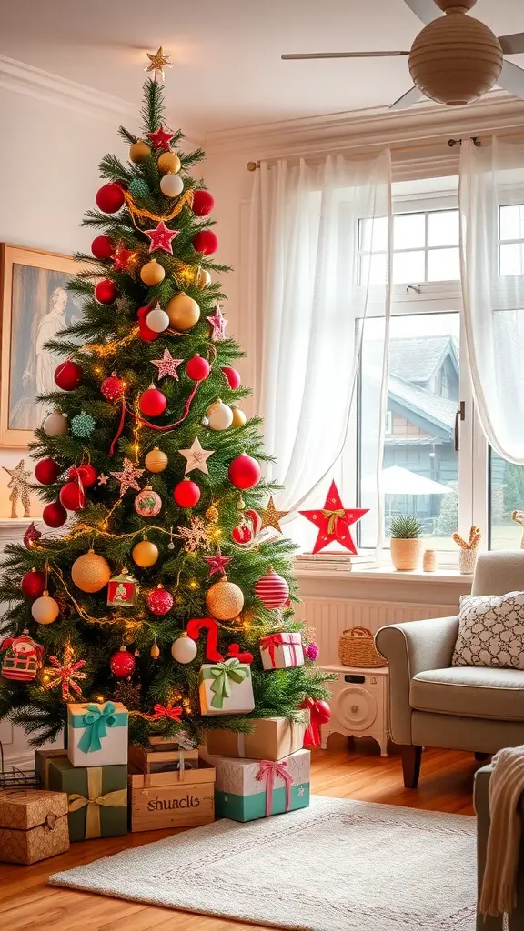 A beautifully decorated Christmas tree with red and gold ornaments, surrounded by colorful presents in a cozy living room.