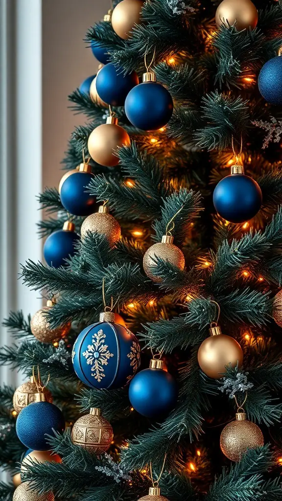 A beautifully decorated Christmas tree featuring navy blue and gold ornaments.