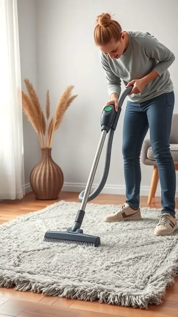 31+ Stunning Tufted Rug Designs You’ll Love 9 A woman vacuuming a tufted rug in a bright, modern living room.