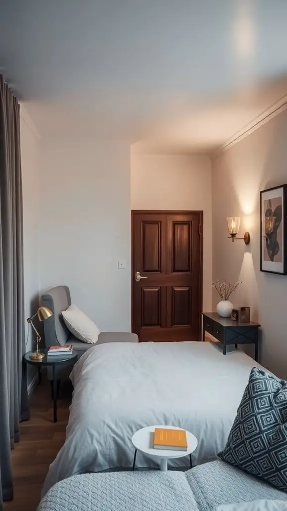 23+ Creative Small Long Bedroom Ideas for Stylish Spaces 16 A small long bedroom featuring a wall-mounted lighting fixture beside the bed.