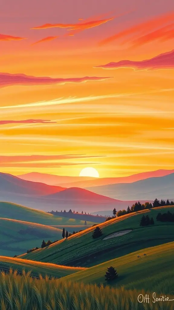 29+ Inspiring Acrylic Painting Ideas to Spark Your Creativity 3 A serene landscape scene featuring rolling hills and a vibrant sunset.