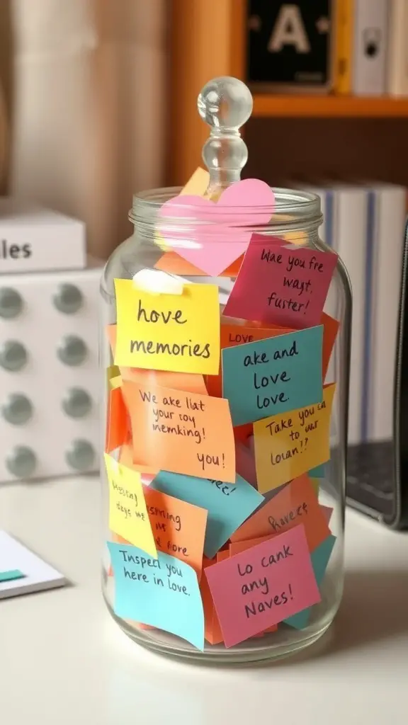 25+ Thoughtful Anniversary Gifts for Her 13 A glass jar filled with colorful sticky notes, each containing love notes and memories.
