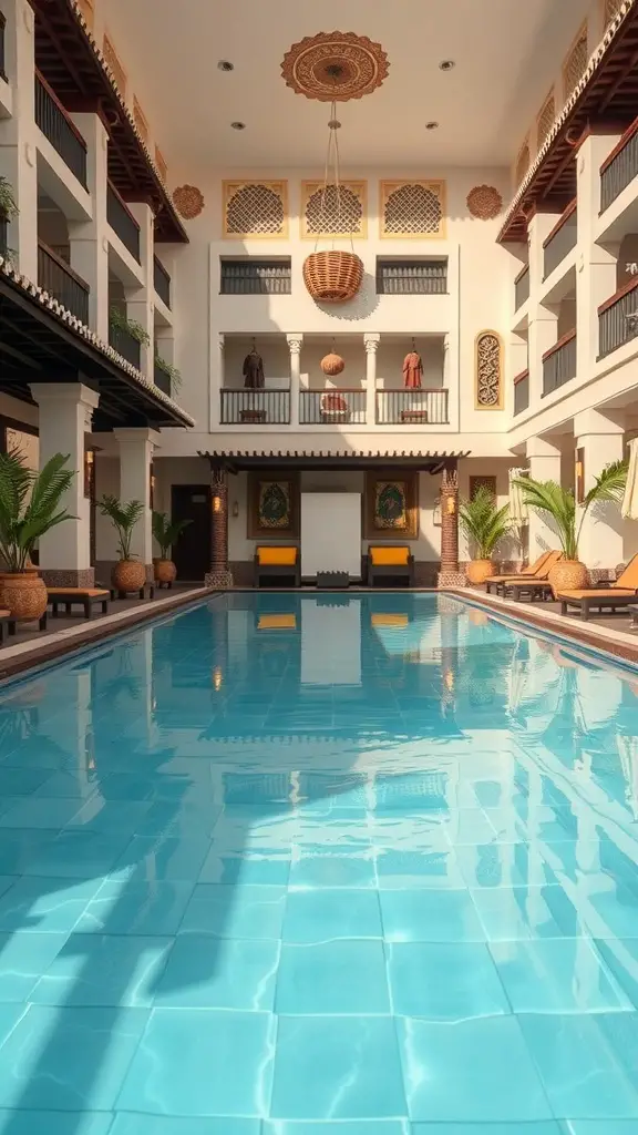 A beautifully designed hotel pool surrounded by traditional architecture and lush greenery.