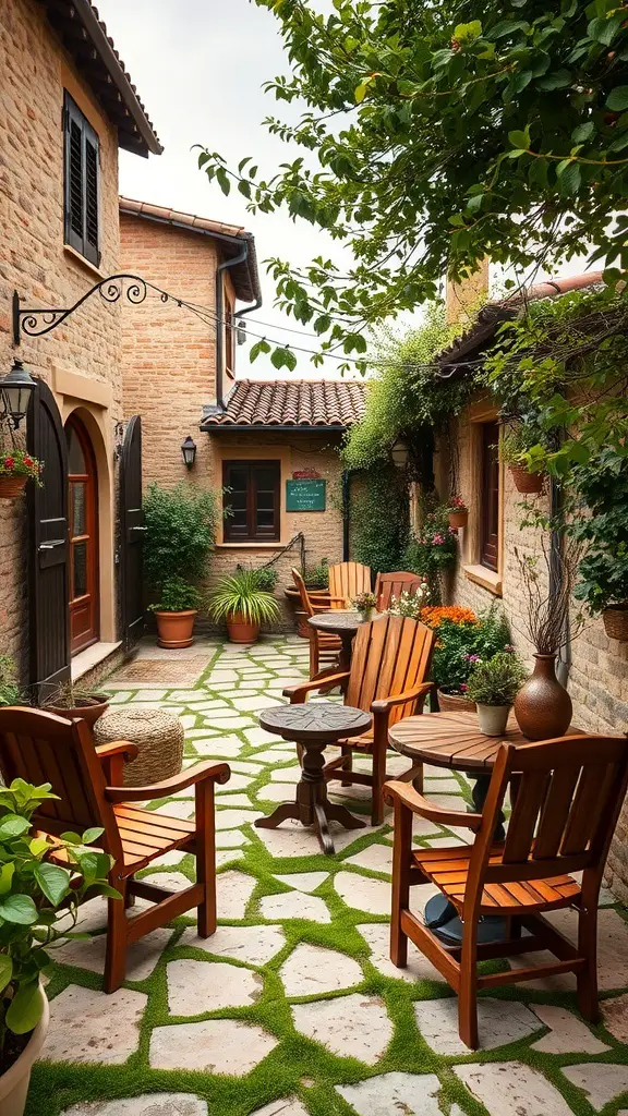 29+ Inspiring Tuscan Garden Ideas for Your Outdoor Oasis 3 A rustic outdoor seating area with wooden furniture surrounded by greenery and stone pathways.