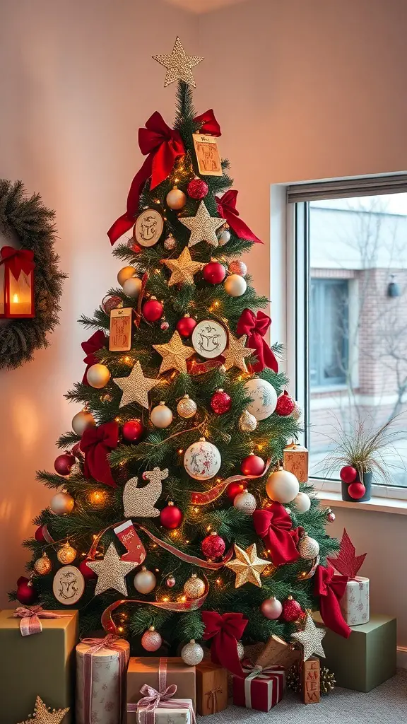 A beautifully decorated Christmas tree with red bows, ornaments, and gifts underneath.