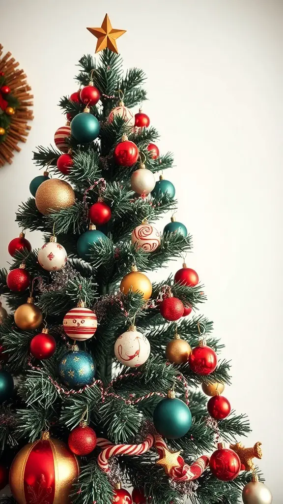A beautifully decorated bronze Christmas tree with colorful ornaments and a star on top.