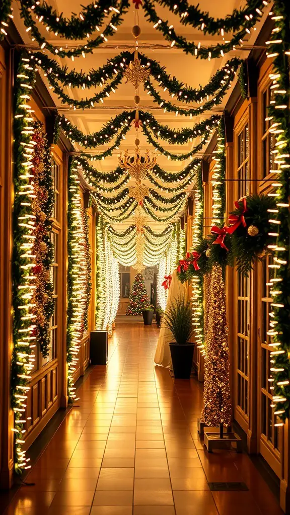 A beautifully decorated hallway with Christmas lights, garlands, and a Christmas tree at the end.