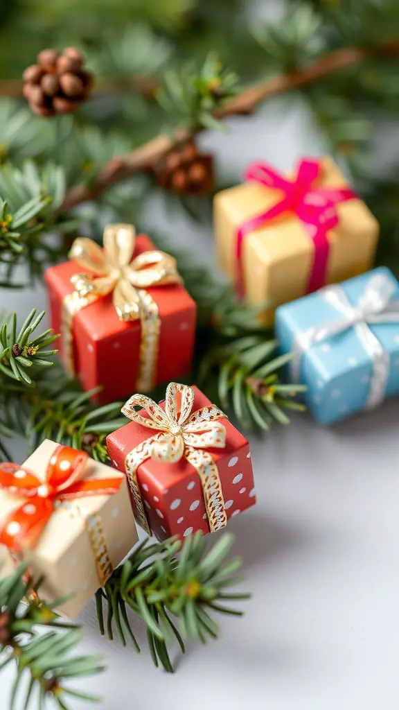 Colorful miniature gift box ornaments on evergreen branches