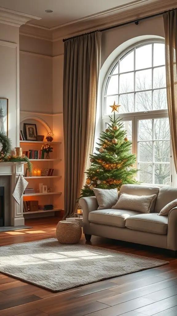 A beautifully decorated earthy Christmas tree in a cozy living room setting.