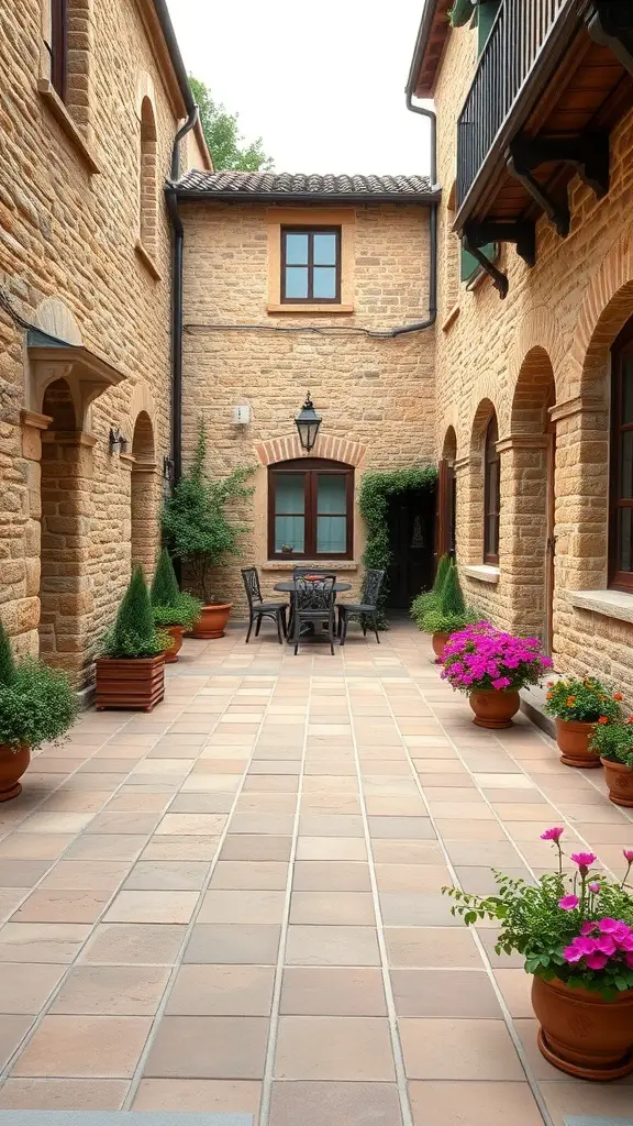 29+ Stunning Tuscan Patio Ideas for Your Outdoor Oasis 6 A charming Tuscan patio with stone walls, a table and chairs, and colorful flower pots.