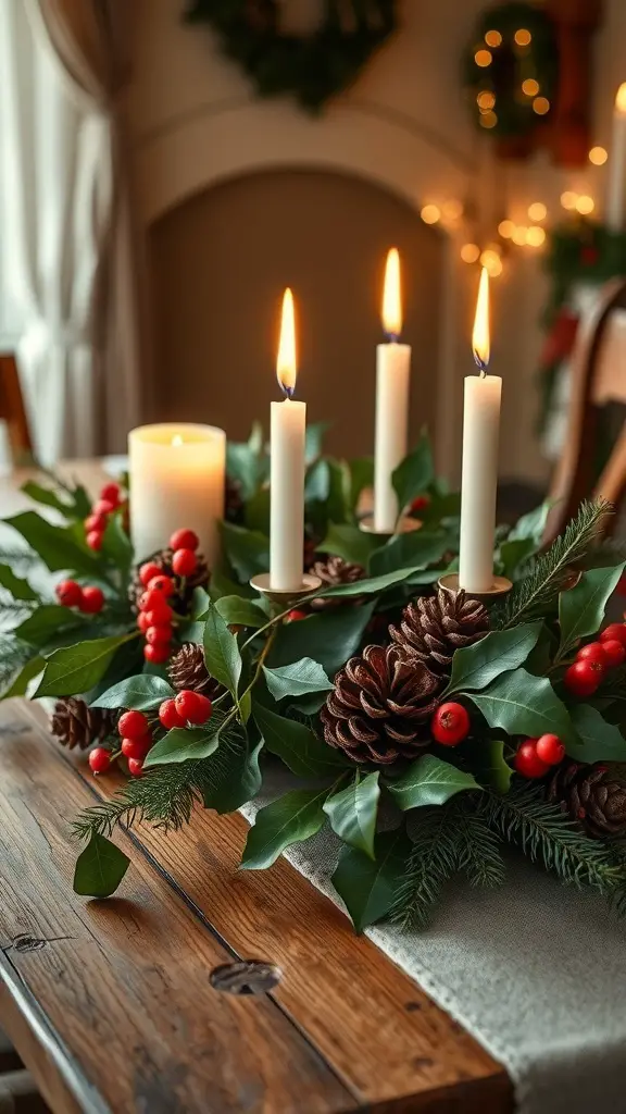 A cozy winter centerpiece with candles, holly, and pine cones on a wooden table.