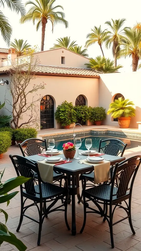 23+ Stunning Spanish Style Pool Designs to Inspire Your Backyard Oasis 16 Outdoor dining area with a table set for a meal near a pool, surrounded by palm trees and greenery.