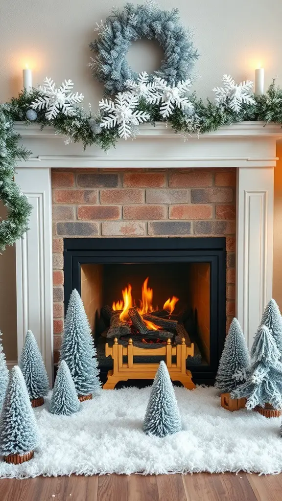 A cozy fireplace decorated in a snowy winter wonderland theme with a wreath, snowflakes, and miniature trees.