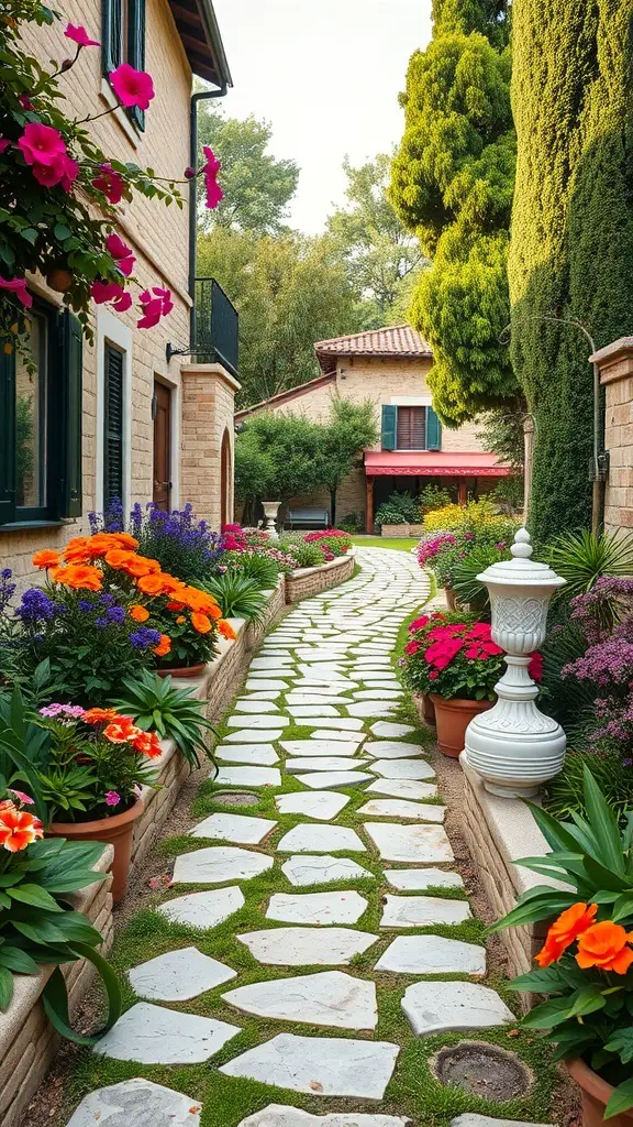 23+ Stunning Mediterranean Patio Ideas for Your Outdoor Oasis 6 A rustic stone pathway surrounded by colorful flowers and greenery in a Mediterranean setting.