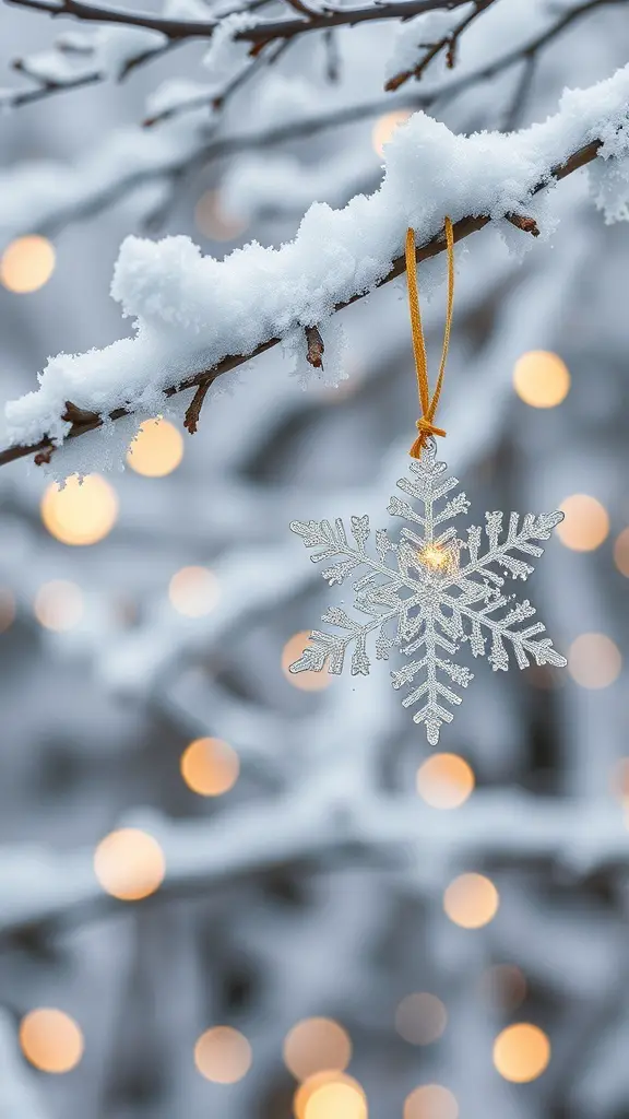 A glittery snowflake ornament hanging from a snowy branch with soft glowing lights in the background.