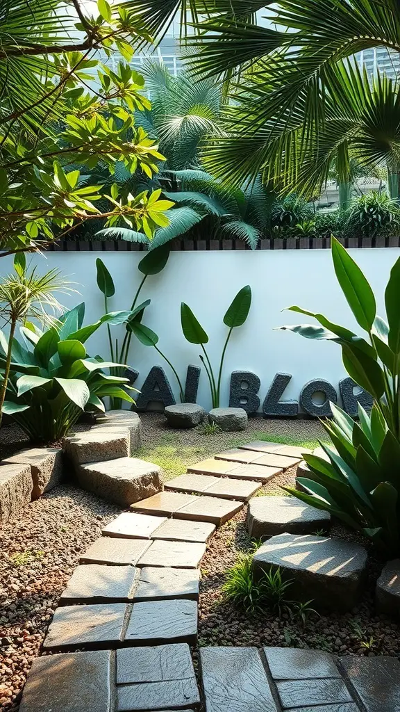 25+ Stunning Bali Garden Design Ideas You’ll Love 10 A serene Bali garden with a stone pathway surrounded by lush tropical plants.