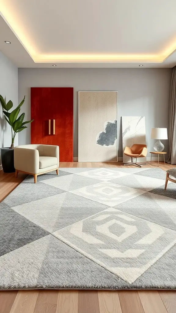 31+ Stunning Tufted Rug Designs You’ll Love 4 A modern living room featuring a geometric tufted rug in shades of gray and cream.