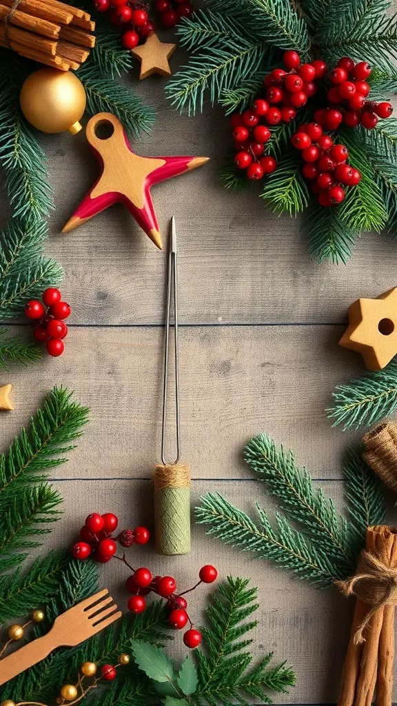 A collection of natural Christmas decorations including pine branches, red berries, wooden ornaments, and cinnamon sticks arranged on a wooden surface.
