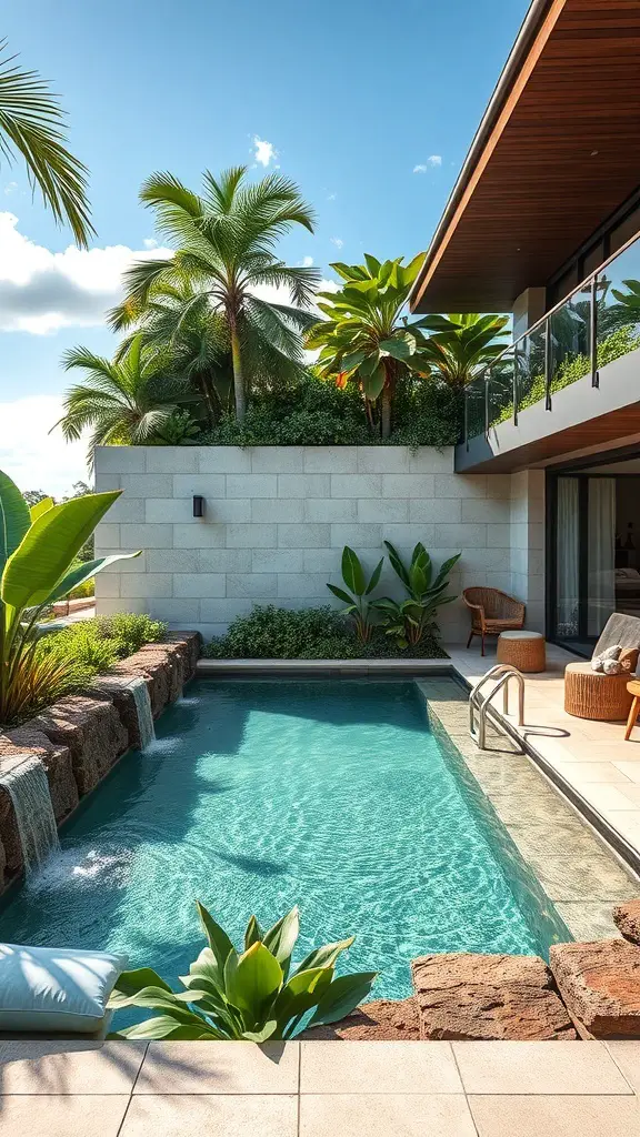 Eco-friendly hotel pool with natural filtration surrounded by greenery
