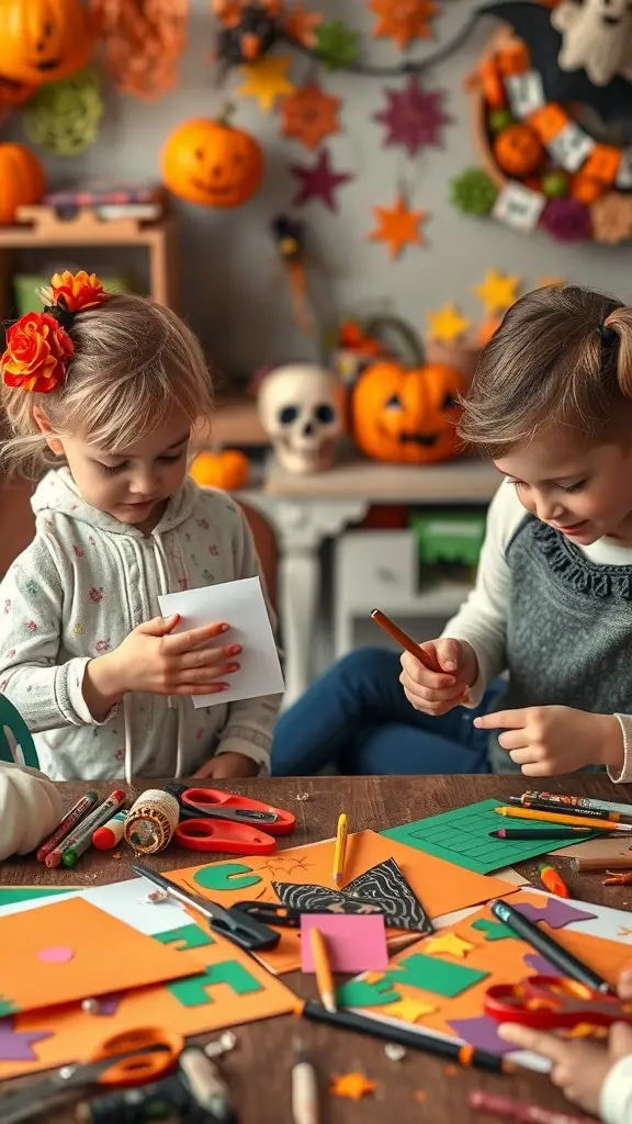 Two children engaged in Halloween crafts with colorful papers and decorations around them.