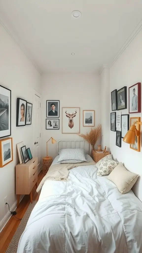 23+ Creative Small Long Bedroom Ideas for Stylish Spaces 11 A small long bedroom featuring a bed, personal artwork on the walls, and warm lighting.