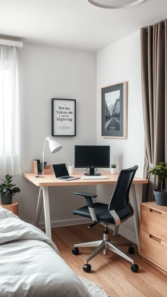 25+ Adorable Small Bedroom Ideas for a Cozy Retreat 12 A compact workstation setup in a small bedroom featuring a desk, chair, computer, and decorative plants.