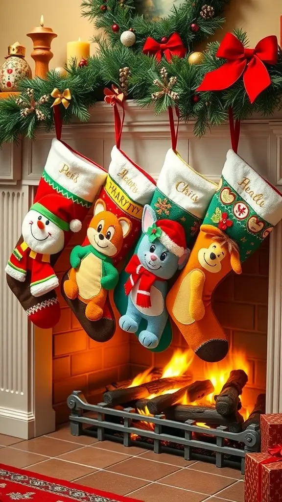 Colorful anthro-themed Christmas stockings hanging by a fireplace
