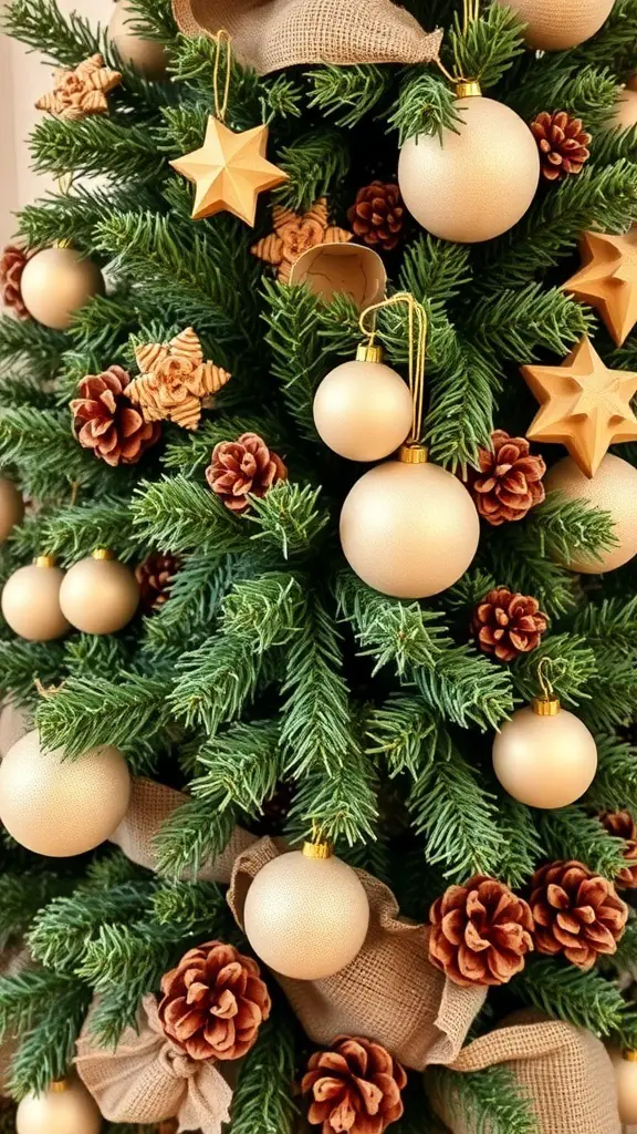 A beautifully decorated Christmas tree with rustic farmhouse elements, featuring burlap, gold ornaments, and pinecones.