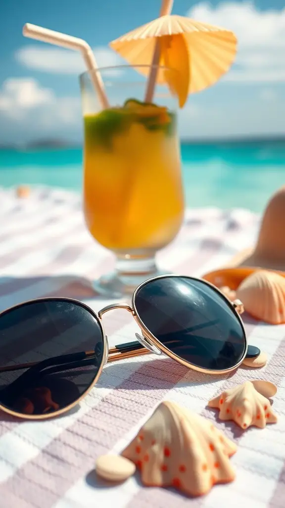 A pair of stylish sunglasses on a beach towel with seashells and a tropical drink.