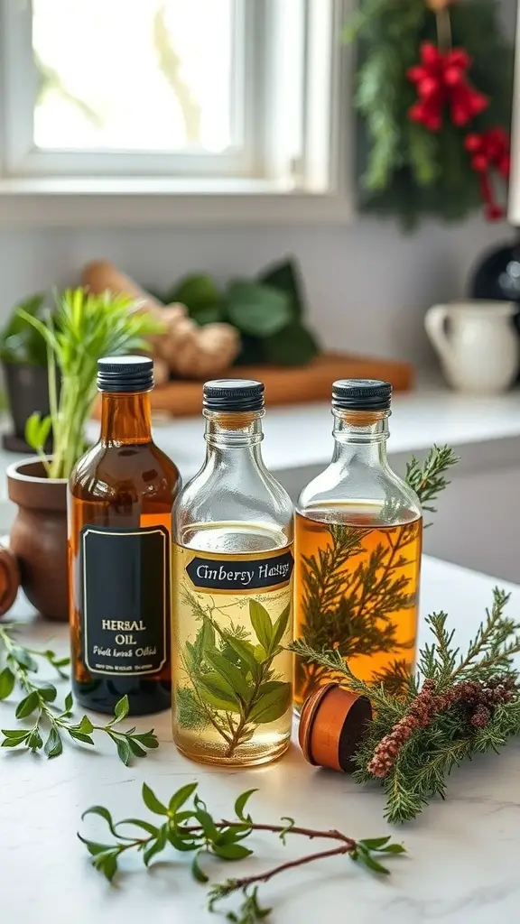 Bottles of herbal infused oils with fresh herbs and a cozy kitchen background