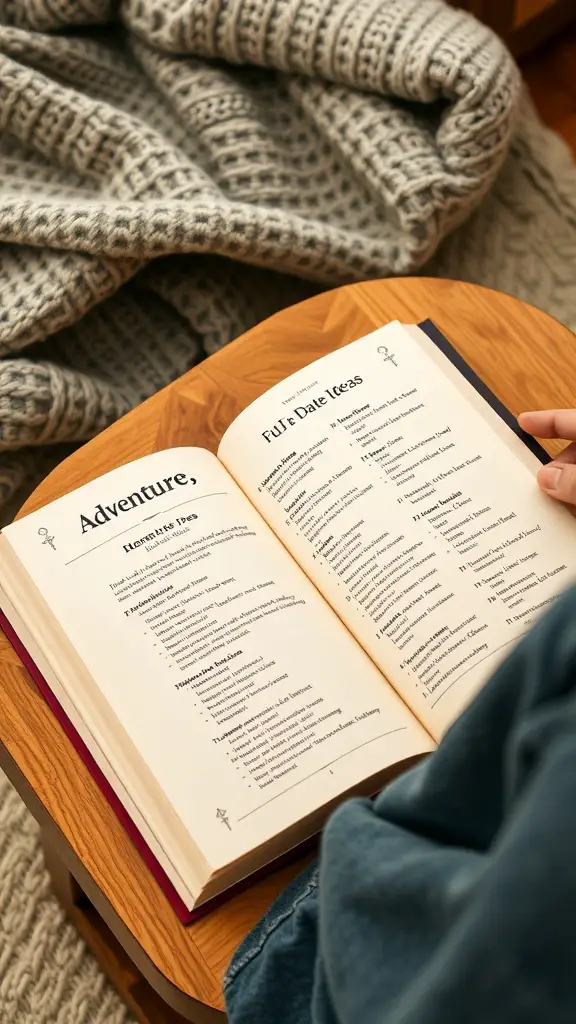 An open adventure book with date ideas for couples on a wooden table, accompanied by a cozy blanket.