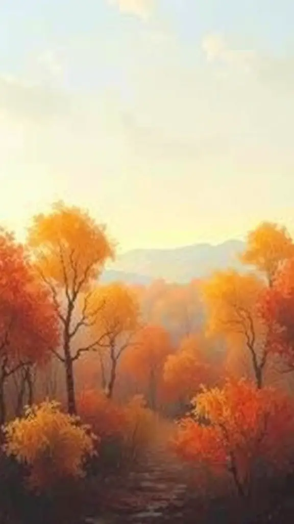 29+ Stunning Landscape Paintings You Need to See 3 A serene autumn landscape with trees in shades of orange and yellow.