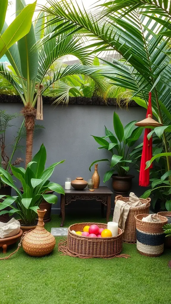 25+ Stunning Bali Garden Design Ideas You’ll Love 13 A serene Bali garden with lush plants, traditional pottery, and decorative elements.