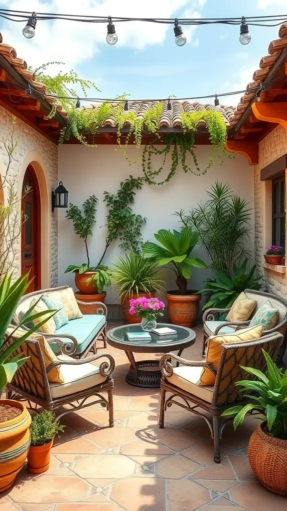 25+ Stunning Mediterranean Terrace Ideas for Your Home 5 A charming Mediterranean terrace with outdoor seating, lush plants, and string lights.