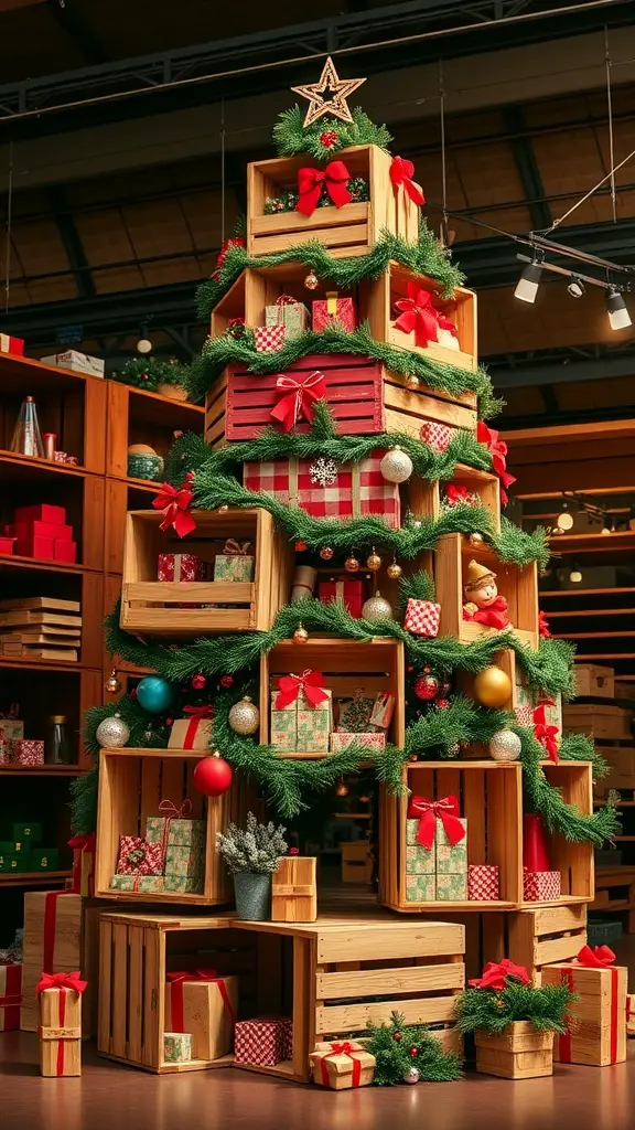 A wooden crate Christmas tree decorated with gifts, bows, and greenery.