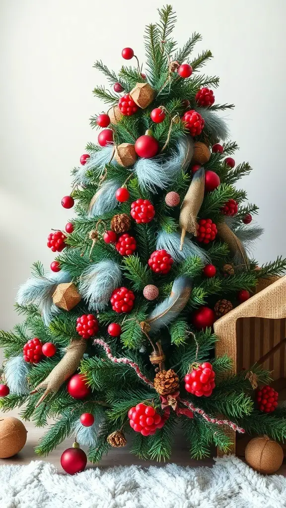 A rustic Christmas tree decorated with red ornaments, pinecones, and blue accents.