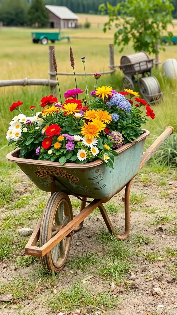 A rustic wheelbarrow filled with colorful flowers in a grassy field.