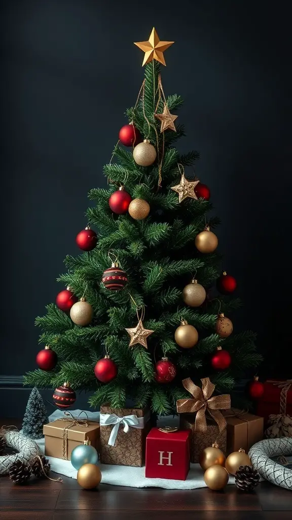 A dark green Christmas tree decorated with red and gold ornaments, topped with a star, surrounded by gifts.