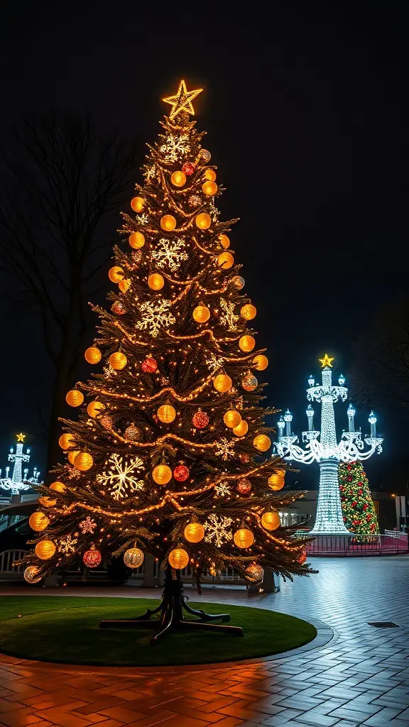 A beautifully lit bronze Christmas tree with ornaments and a star on top, surrounded by festive decorations.