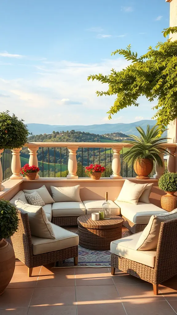 29+ Stunning Tuscan Patio Ideas for Your Outdoor Oasis 11 A cozy Tuscan patio lounge area with comfortable seating, potted plants, and a scenic view.