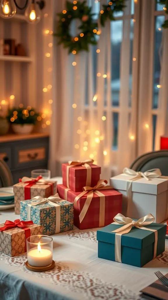21+ Thoughtful Anniversary Gifts for Parents Celebrating 11 A cozy table setting with beautifully wrapped gift boxes and a candle, creating a warm atmosphere.